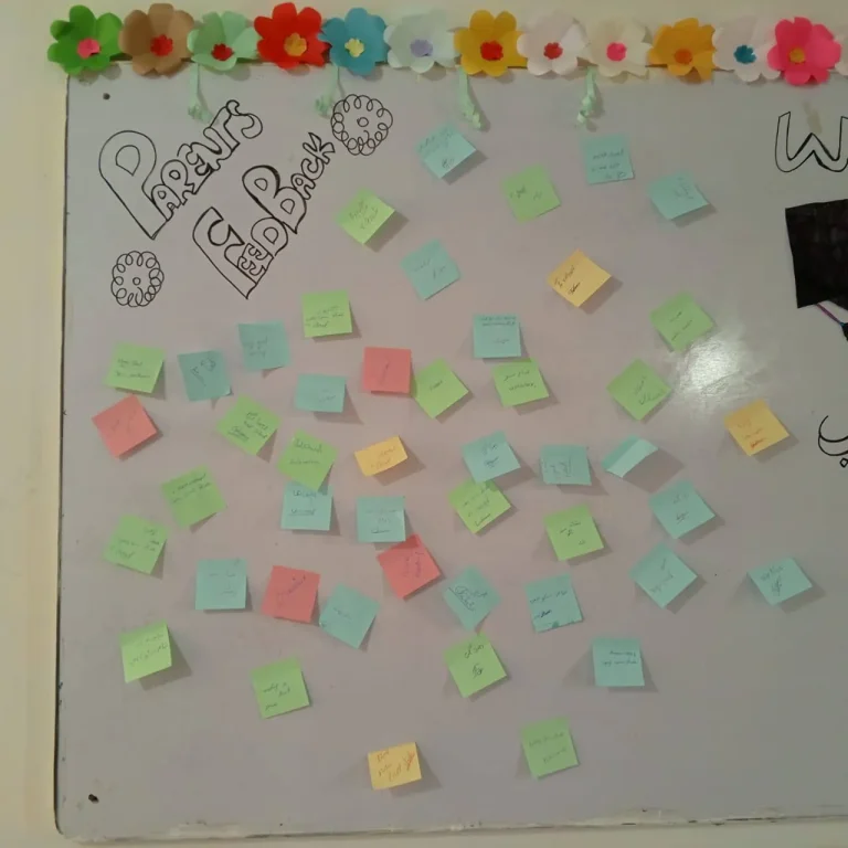 Board of colourful sticky notes prepared for parents at the parent-teacher meeting