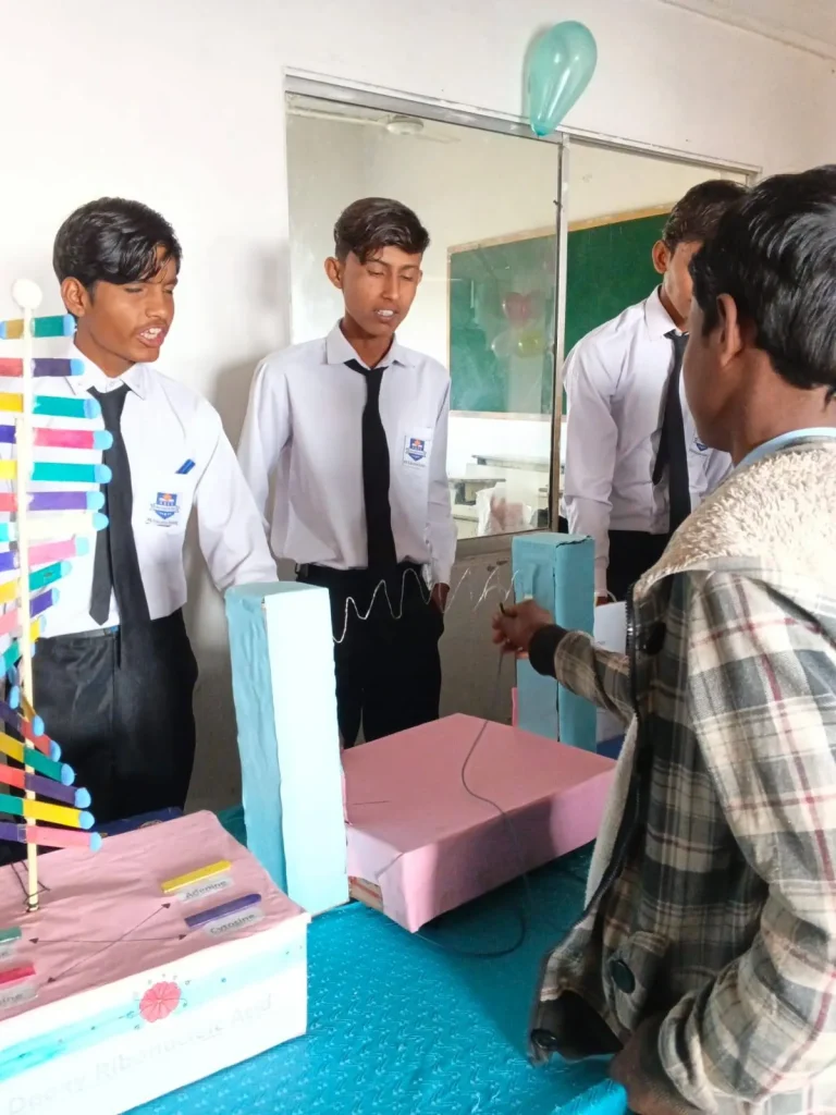 Students explaining a project to a visitor