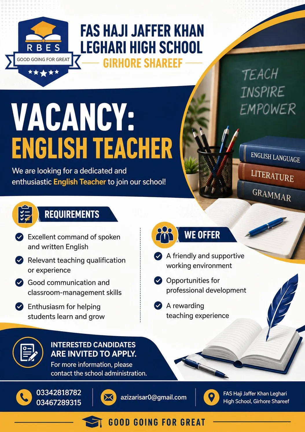 Vacancy poster for an English Teacher at FAS Haji Jaffer Khan Leghari High School, Girhore Shareef